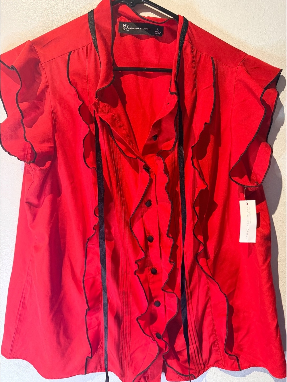 NY & C Red Ruffle Front Blouse with Black Trim, Size Large